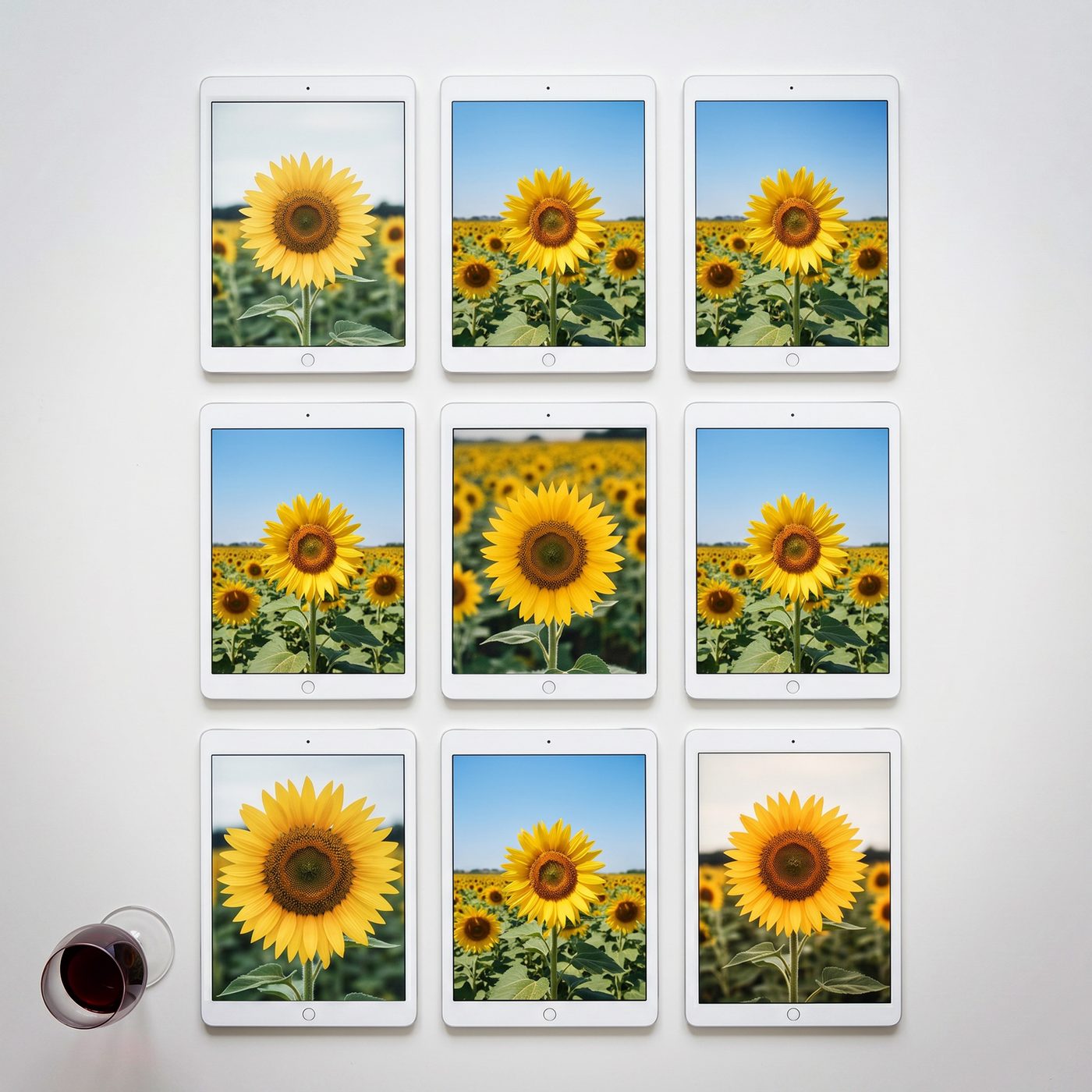 Nove iPad appesi a parete mostrano nove fotografie quasi identiche di un girasole, con un bicchiere di vino in un angolo