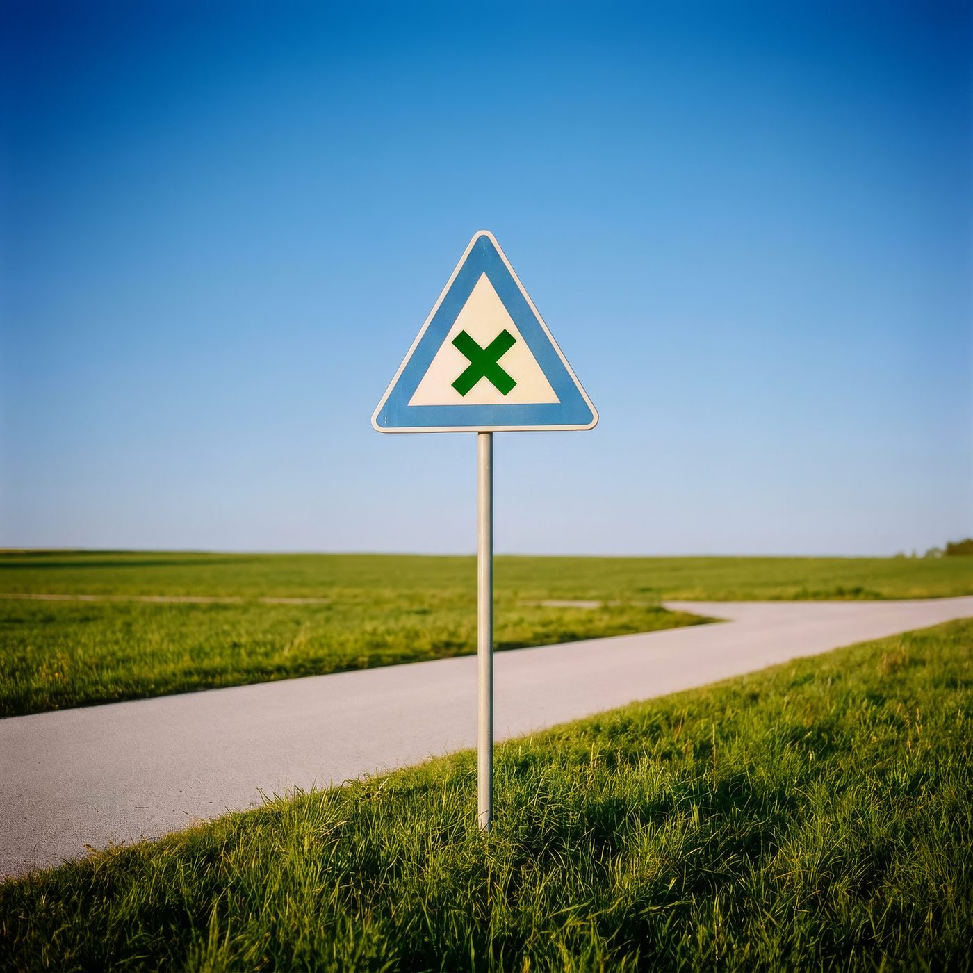Segnale stradale triangolare blu con una X verde in un paesaggio di prati e cielo